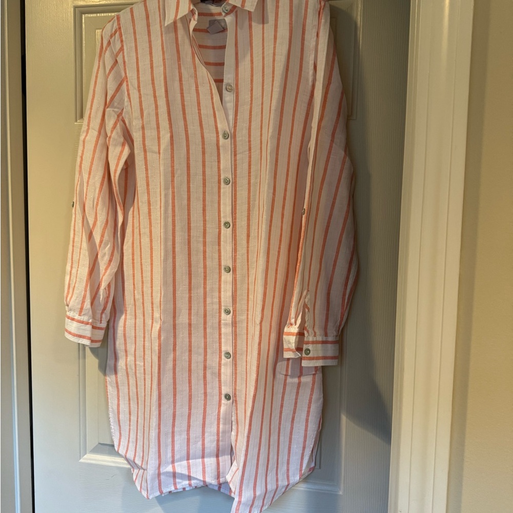 Chico's NWOT White Shirt with Coral Stripes
